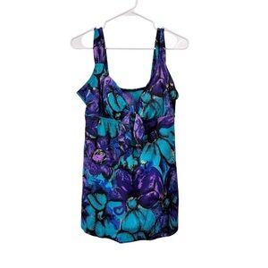 Vintage Robby Len One Piece Skirt Swimsuit Floral Print Blue Purple Gold Size 12